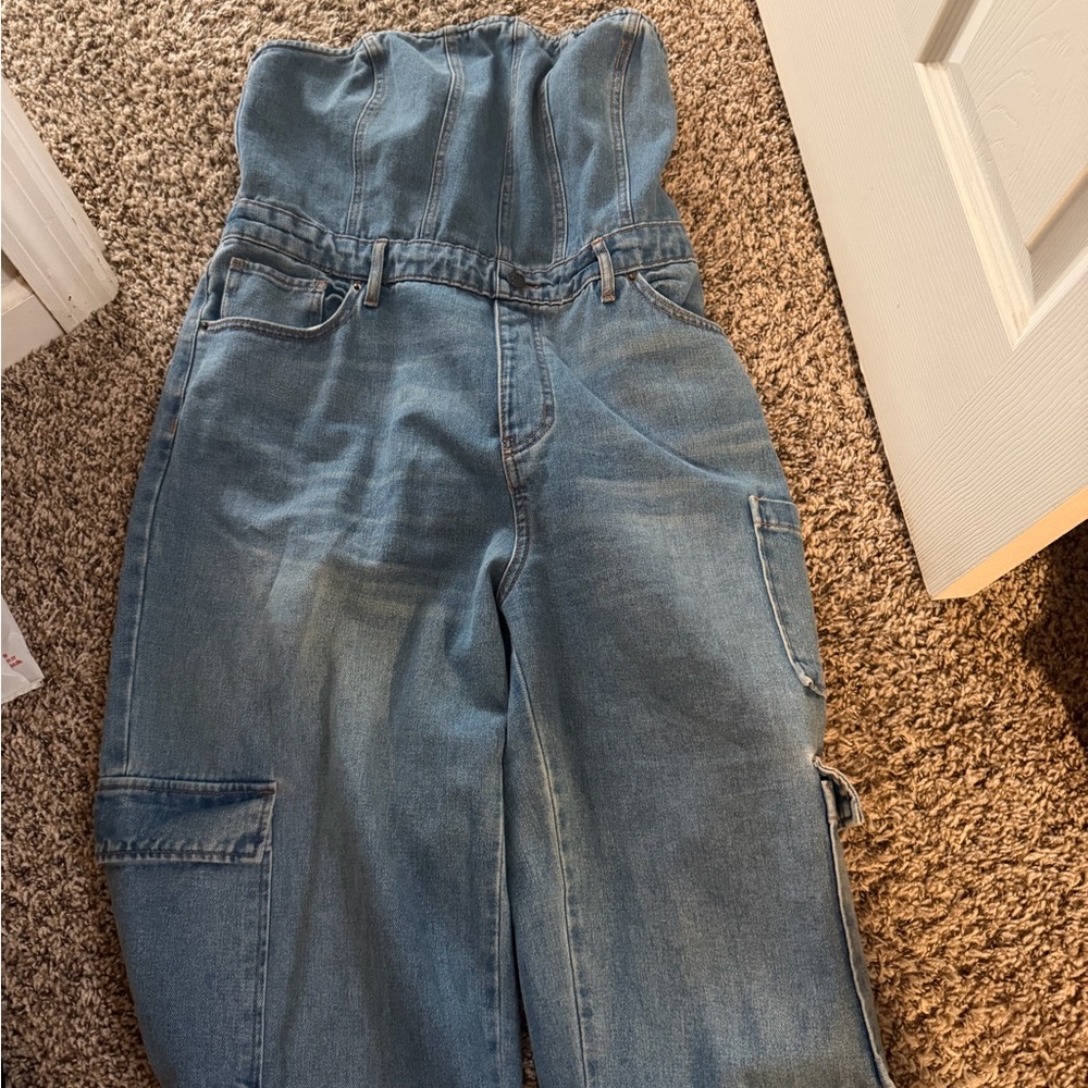 Universal Thread Strapless Denim Jumpsuit in Light Blue